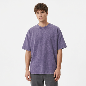 Rybic Sports Cotton T-<b>Shirt</b> Short Sleeve O-Neck Solid Purple Washed Casual Jersey Knit Blank Design - Product Image 3