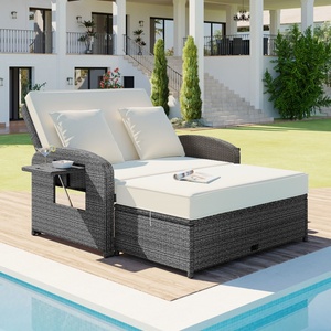 <span class=keywords><strong>Chaise</strong></span> longue double inclinable en rotin blanc de haute qualité, réglable, pour 2 personnes, pour l'extérieur, au bord de la piscine - Product Image 1