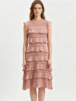 Robe midi en maille de haute qualité pour femme, style élégant, col rond, sans manches, avec découpes et volants, coupe trapèze, idéale pour l'été