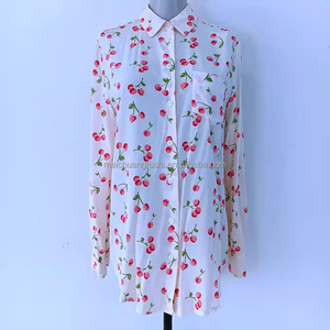 Camisa de Seda con Botones y Estampado de Cerezas Personalizada para <span class=keywords><strong>Mujer</strong></span>, Blusa Informal para Dama - Product Image 3