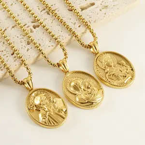 NUORO Hip Hop 18K Gold Plated Stainless Steel Western Mythology Series Jewelry Christian Virgin Mary Cross Pendant Necklace