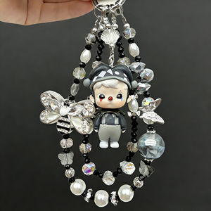 Chaîne de téléphone multifonctionnelle 15 cm personnalisable, noire et grise, ornée de perles, tendance, détachable, de luxe, avec ornement SP Doll en cristal incrusté - Product Image 4