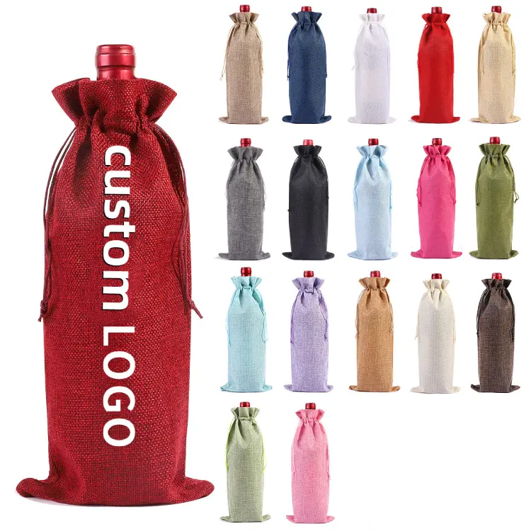 Wholesale Eco friendly printed single bottle wine packaging linen drawstring wine bag with logo