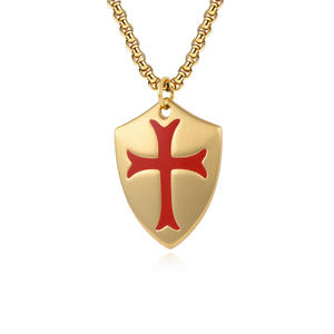 <b>Cross</b> Shield Necklace For Men Stainless Steel Pendant Gold Tone Red <b>Cross</b> Design Streetwear Fashion Jewelry - Product Image 1