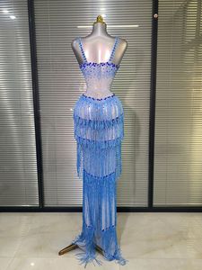 S3432N 2026 Nuovo Abito <span class=keywords><strong>da</strong></span> <span class=keywords><strong>Sera</strong></span> Lungo Blu con Gonna Ampia, Vita Bassa, Romantico, Scintillante con Strass e Frange, Trasparente e Sexy - Product Image 5