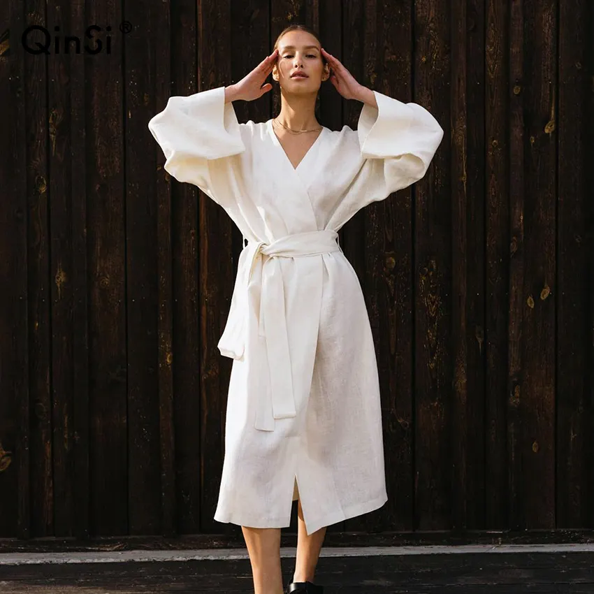 QINSI Mulheres Vestido Para Senhoras Mid-Calf Roupão Solto Feminino 2023 Kimono Manga Longa Vestido de Noite Branco Verde Algodão Robe