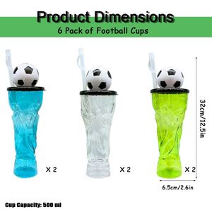 6pcs 500ml Sports <b>Water</b> Bottle <b>With</b> <b>Straw</b> Football Trophy Design Plastic <b>Cup</b> Birthday Party Outdoor Soccer Drinkware - Product Image 2