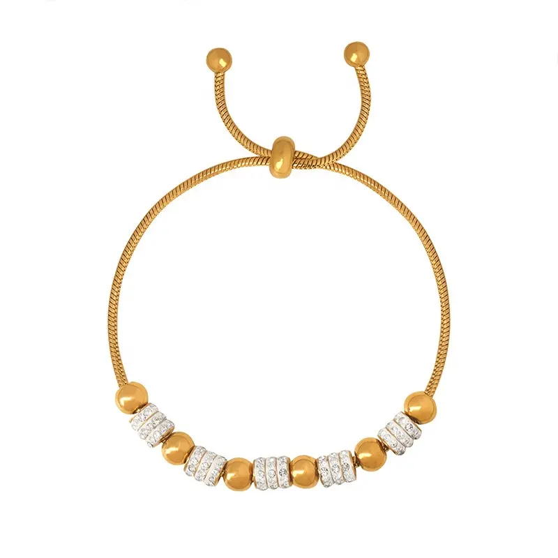 Jewelry 18k Gold Plated Adjustable Pull Link Zircon Bead Chain Stainless Steel Bracelet Waterproof Jewelry For Women Men