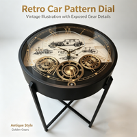Table d'appoint ronde vintage avec horloge à engrenages, plateau en verre imprimé, cadre en métal noir, style industriel, pour canapé, décoration intérieure, mobilier