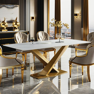 Conjunto de Mesa de Jantar e Cadeiras de Luxo Moderno para 6 Lugares Retangular em Aço Inoxidável com Pernas Douradas Móveis para Casa em Preto - Product Image 6