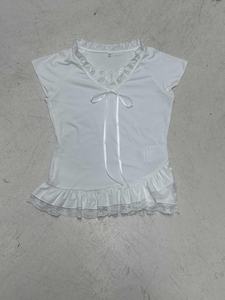 Romantic Breathable Lace <b>Patchwork</b> V-Neck Blouse Women Ruffle Trim Cute <b>Top</b> Kawaii Frill Casual Summer Shirt Digital Printing - Product Image 2