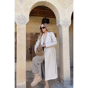 Manteau en cachemire crème vintage teint avec imprimé respirant, fermeture à bouton unique, trench décontracté détachable avec capuche, taille XL - Product Image 2