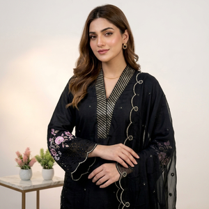 Conjunto de 3 Piezas de Salwar Kameez Pakistaní Bordado en Negro para Mujer, Traje Tradicional Holgado de Largo Completo para Uso Casual - Product Image 3