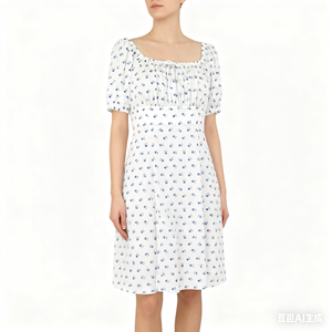 ALBB019 Ladies 100% <b>Viscose</b> Crepe Floral Printed <b>Dress</b> with Zippers Washable Knee-length - Product Image 1