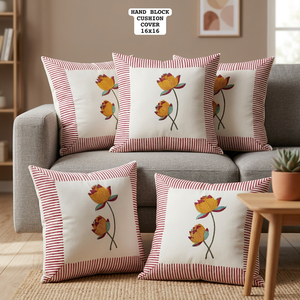 Hand Block Printed Floral Cotton <b>Throw</b> <b>Pillow</b> Cover Square Zipper Washable Customizable 16x16 in - Product Image 3