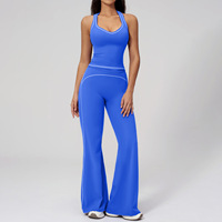 Conjunto Deportivo de Tela Suave Cepillada con Bloques de Color, Sujetador de Doble Tirante y Pantalones de Pierna Ancha con Control Abdominal para Mujer, Ropa Deportiva para Gimnasio