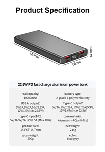 Cargador Portátil de Aluminio Ultrafino de 10000 mAh con Pantalla Digital y Doble Salida USB Tipo-C, Carga Rápida PD de 22.5 W - Product Image 5