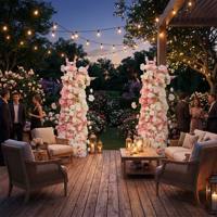 Élégant ensemble de toile de fond en colonnes de fleurs roses et blanches, réaliste et fait main, avec arrangement luxuriant de roses en soie, pour douche nuptiale, fiançailles et événements