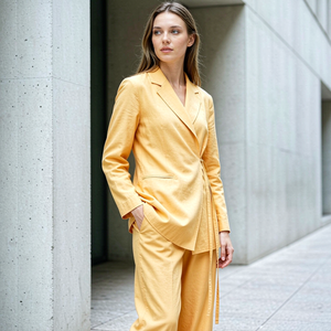Traje Formal de Dos Piezas Personalizado para Mujer, Blazer de Manga Larga con Cinturón, Pantalones Anchos de Mezcla de Lino - Product Image 3