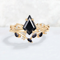 Bague en argent sterling 925 plaqué or jaune 14 carats avec onyx noir et ensemble de bagues en agate noire taille cerf-volant, bijoux d'usine