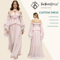 Ensemble deux pièces en mousseline rose bonbon pour femme, avec haut à col licou, décor floral, épaules dénudées, manches longues à volants et jupe longue fendue, vente en gros
