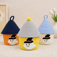 Panier de rangement en forme de maison tissé à la main en corde de coton pour Halloween, organisateur de jouets et de collations, décoration mignonne pour la maison