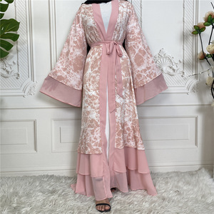 Vestido de estilo cárdigan musulmán para mujer, estampado de Oriente Medio, costura, modestia, Abaya - Product Image 1