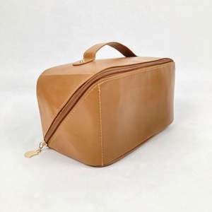 Recycle Brown Pu Leather <b>Cosmetic</b> <b>Bag</b> <b>Travel</b> Organizer Toiletry for Women <b>Large</b> <b>Capacity</b> Open Flat Makeup <b>Bags</b> - Product Image 3