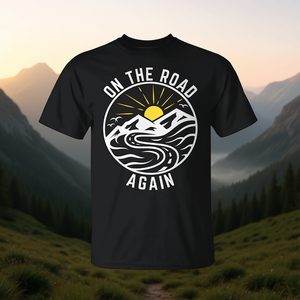 Camiseta On The Road Again con diseño de montaña y viajes de aventura, color negro - Product Image 3