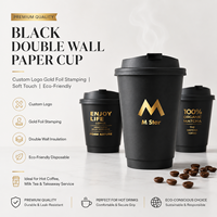 Gobelet à café en papier à double paroi noir avec logo personnalisé estampé à l'or, gobelet à café jetable au toucher doux pour la restauration