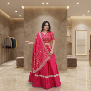 Conjunto de Lahenga Choli de satén premium Glory para mujer, con bordado Zari y lentejuelas, con dupatta. - Product Image 1