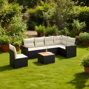 Solid Acacia Wood Garden <b>Sofa</b> Set In Black And Brown Pe <b>Rattan</b> 6 Seater Outdoor Furniture Contemporary Design - Product Image 2