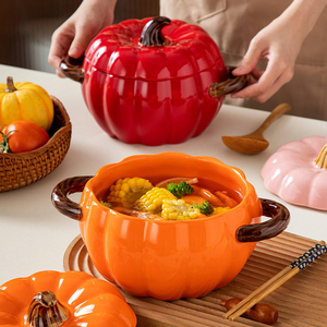 Pot à soupe en céramique moderne et créatif, design élégant, grand bol à nouilles en forme d'escargot, pot à soupe en forme de citrouille à double anse, couvercle au design créatif - Product Image 3