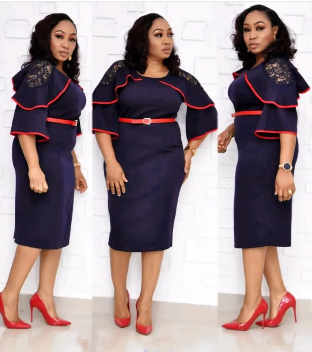 Fashion Elegent Women O Neck Plus Size Dresses African American Style Office Lady Curvy Knee Length Dress With Belt