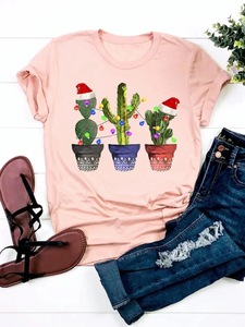 Venta al por mayor verano precio bajo alta calidad impreso estilo de Navidad multi-elemento patrón espacioso Super lindo cuello redondo <span class=keywords><strong>Camiseta</strong></span> - Product Image 4
