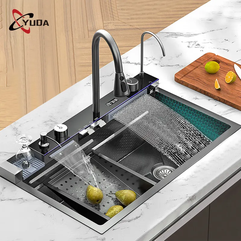 Fregadero de cocina de estilo moderno multifunción inteligente, grifo de cascada negro Nano, fregadero de cocina