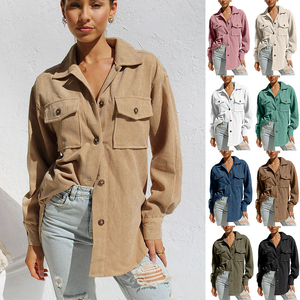 Aoyema manteaux en coton mélangé boutonné poches Blouses à manches longues Tops en <span class=keywords><strong>velours</strong></span> côtelé manches lanterne chemise <span class=keywords><strong>veste</strong></span> - Product Image 2