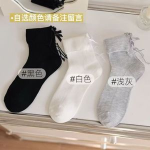 Cotton Crew <b>Socks</b> With Bow Light Gray Mid Calf For Women Breathable Sweat Absorbing Odor Resistant Youth Style - Product Image 4