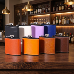 Gourde à whisky en acier inoxydable enveloppée de cuir, gourde de voyage portable, design rectangulaire classique, options multicolores - Product Image 4