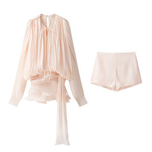 TAOP&ZA 2025 Completo Donna Stile Vintage Europeo Americano con Pantaloncini e Abito Plissettato con Nastro Vestibilità Regolare 100% Poliestere 2453 - Product Image 2