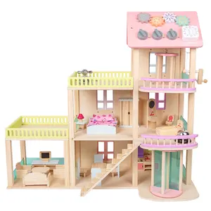Classic 3 Floors Girls Petend Role Play Game Kids Big busy house Wooden Doll House For Children