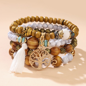 Bohemian Style Multi Layered Wooden <b>Bead</b> Bracelet <b>Set</b> Tree Of Life Charm Elastic Unisex Jewelry Yiwu Origin - Product Image 1