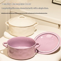 Bol à soupe en céramique de luxe à double poignée avec couvercle, grande capacité, design profond, compatible micro-ondes, pour usage domestique, bol à nouilles, mariage