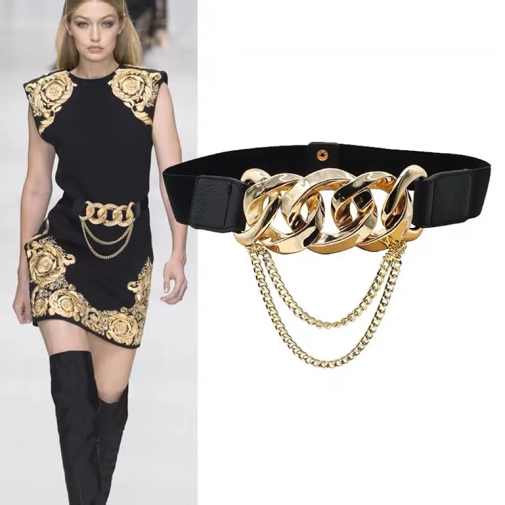 Female Fashion Black PU Leather Elastic Gold Chain Belt for Women Cinch Coat Dress Clothing