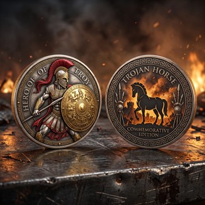 Moneda Conmemorativa Personalizada 3D de Alta Relieve <span class=keywords><strong>del</strong></span> Héroe Aquiles de Troya, Moneda de Plata Fina .999 con Caballo de Troya, Moneda de Desafío para Regalo de Lujo - Product Image 1
