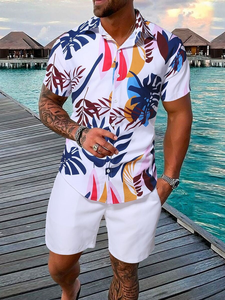 Conjunto de 2 Piezas para Hombre, Camisa de Manga Corta con Estampado Floral/Tropical, Pantalones Cortos con Cintura <span class=keywords><strong>El</strong></span>ástica, Traje para Vacaciones en la Playa o Crucero - Product Image 5