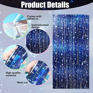 Lot de <span class=keywords><strong>2</strong></span> rideaux en feuille d'aluminium Galaxie pour décorations de fête sur le thème de l'espace, rideaux en guirlandes métalliques bleues, fête d'anniversaire sur le thème du film spatial - Product Image 3