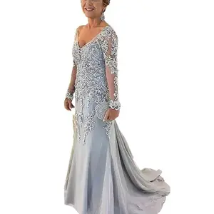 Elegant Blue Silver Mother of the Bride Dresses Long Sleeves 2022 V Neck Godmother Evening Dresses Wedding Party Guest Gowns New