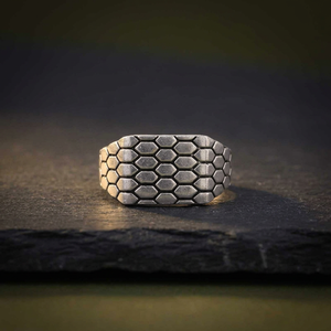 925 Sterling <b>Silver</b> Honeycomb Pattern <b>Ring</b> Vintage Oxidized Scale Textured Signet Band Unique Geometric Biker <b>Ring</b> for <b>Men</b> - Product Image 4