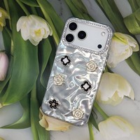 Coque de téléphone 3D Fleur & Camélia pour iPhone 7/8/X/11/12/13/14/15/16/17 Texture Ondulée Luxe avec Cadre d'Appareil Photo en Strass